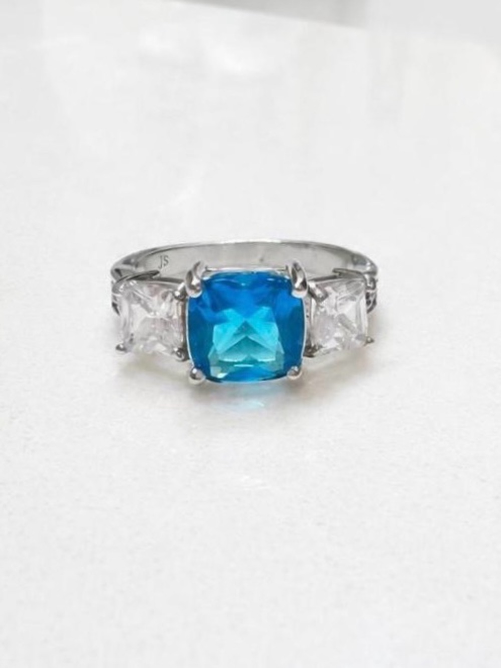Blue Cushion-Cut Gemstone Three-Stone Ring - Women Jewelry